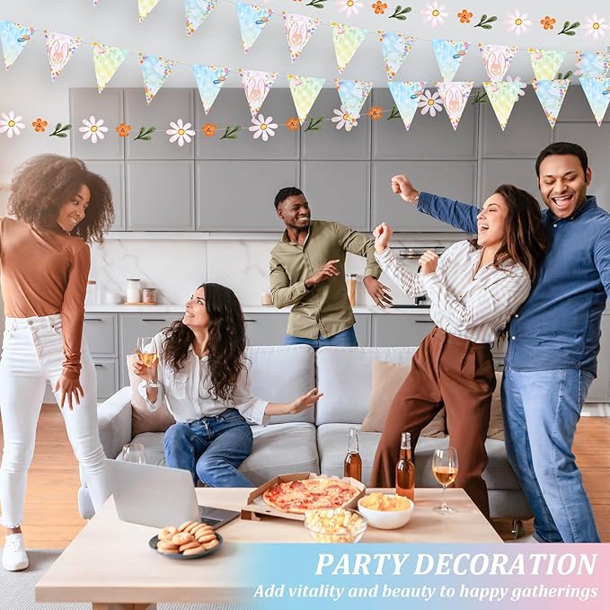 Dayker 3PCS Triangle Bunting Banner Garland, Spring Floral Flags Pennant Garlands, Reusable Paper Hanging Decorations, Carnival Theme Birthday Party Outdoor Events Decor Supplies