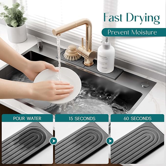 Kitchen Sink Faucet Mat - 15.7in Diatomite Sink Protectors for Kitchen Sink, Stone Sink Splash Guard for Kitchen Counter Sink Accessories (Dark Grey, 15.7'' x 3.9'')
