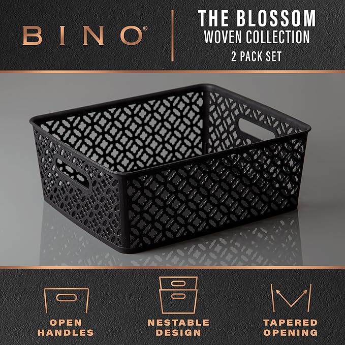 BINO l Plastic Storage Baskets, Large - Black | THE BLOSSOM COLLECTION l Multi-Use Organizer Bin l Built-in Handles l Plastic Woven Basket for Organizing l Pantry & Home Organizing Basket