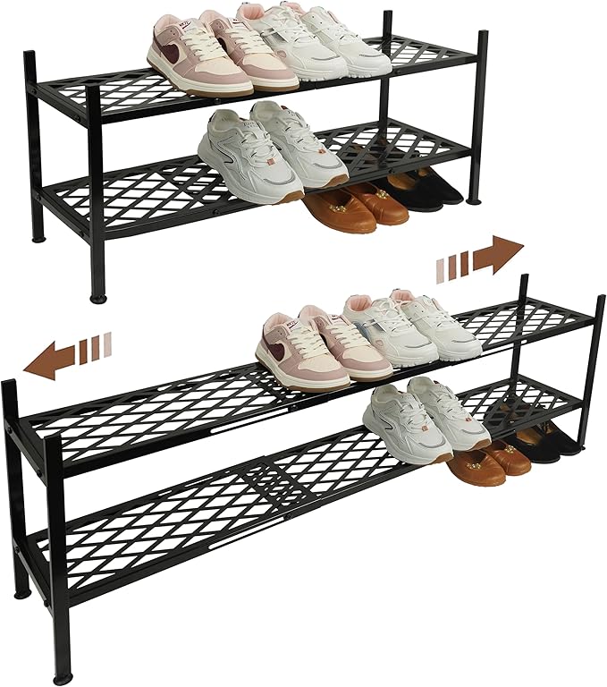 Shoe Rack, Expandable Shoes Organizer Metal Shelf Stand, 2-Tier Stackable Long Shoe Storage Holder for Closet, Floor, Entryway, Garage, Bedroom, Door Entrance for 12-18 Pairs, 45.6 Inches, Black