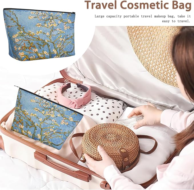 Blossoming Almond Tree Cosmetic Bag Flower Makeup Bags,Travel Make up Bags for Women Girls Cute Zipper Pouch Toiletry Organizer Bag Travel Essentials