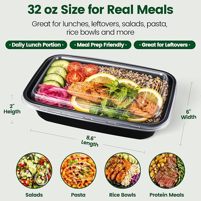 Meal Prep Containers with Lids 32oz-50 Pack & 50 Forks Individually Wrapped, Disposable Food Storage Containers BPA Free, Leak-Resistant, Microwave & Freezer Safe for Salad,Lunch,Take out,Togo Box