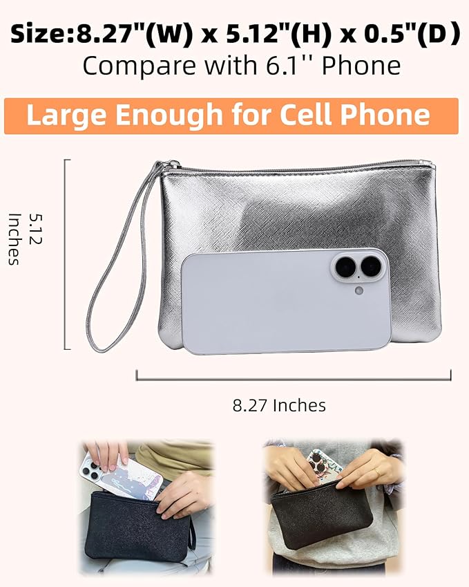 2 Pack Small Zipper Pouch Mini Makeup Bag for Purse Lipstick Cosmetic Travel Make Up Organizer for Women Essentials Feminine Products, Car Change Coin Holder 8x5 Phone Wristlet Wallet, Silver