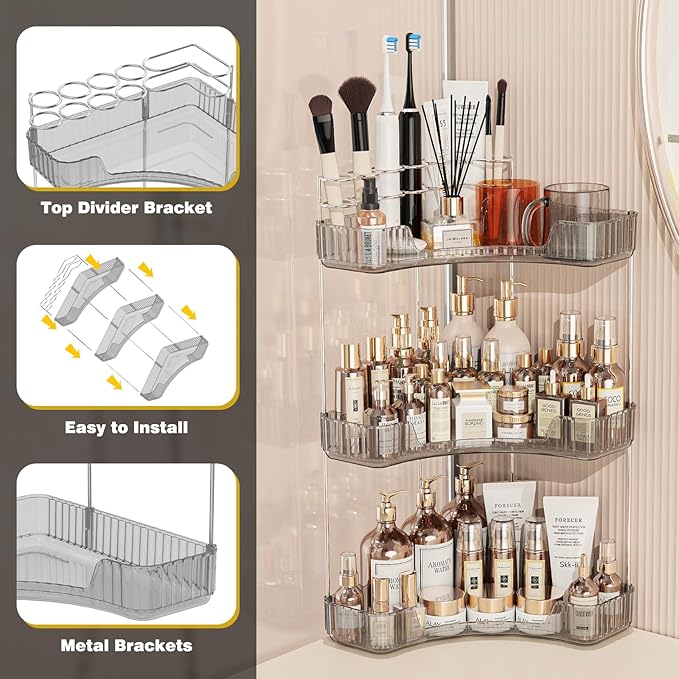 3-Tier Corner Bathroom Counter Organizer with Top Toothbrush Holders,Large Makeup Organizer Countertop with Brush Holder,Skincare Organizers Corner,Exquisite Vanity Organizer (Gray, 3 Tier)
