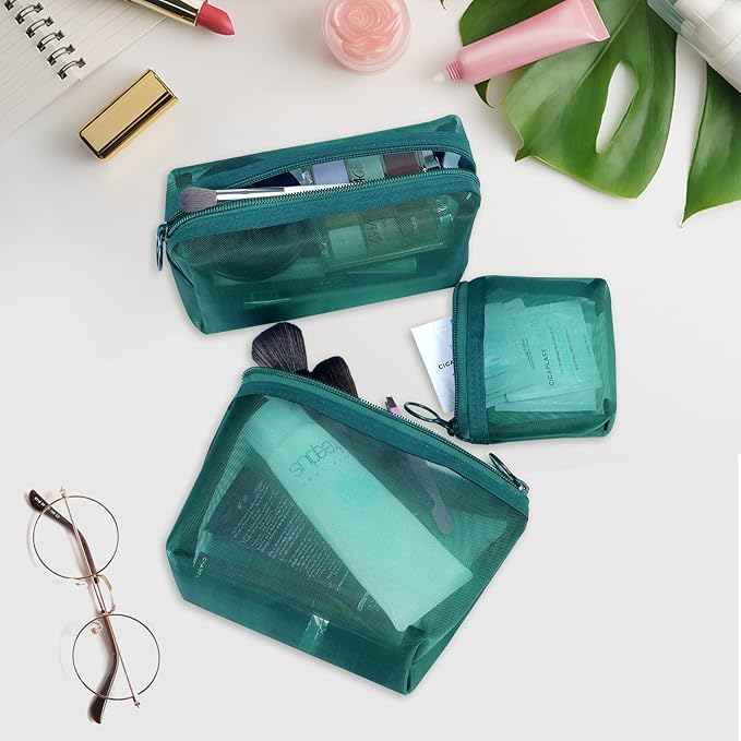 Aosbos 3-Pack Mesh Cosmetic Bag Set - Travel/On-The-Go Makeup Storage, Zipper Closure Small Pouch