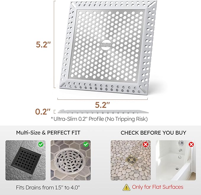 Not Moving Shower Drain Hair Catcher,Effective Hair Catcher Shower Drain,Square Flat Shower Drain Cover Protector Filter,Efficient Drainage,Hair Trap Stopper (Gray, 4 inch)