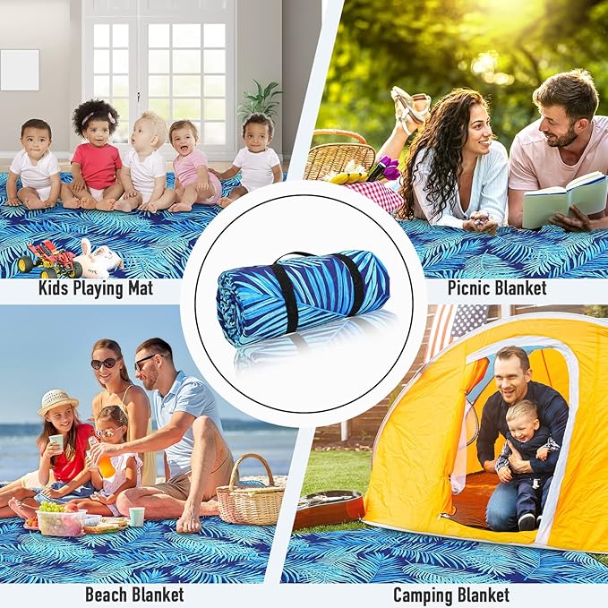 PY SUPER MODE Picnic Blankets Extra Large, Waterproof Foldable Outdoor Beach Blanket Oversized 83x79” Sandproof, 3-Layer Picnic Mat for Camping, Hiking, Travel, Park, Concerts (Blue Leaves)