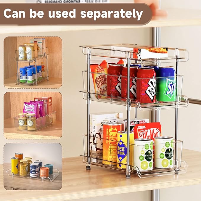 3 Tier Clear Bathroom Organizer with Dividers, Multi-Purpose Pull-Out Pantry Organization and Storage, Under Sink Closet Organizers and Storage, Vanity Skincare Cosmetic Organizer Medicine Bins