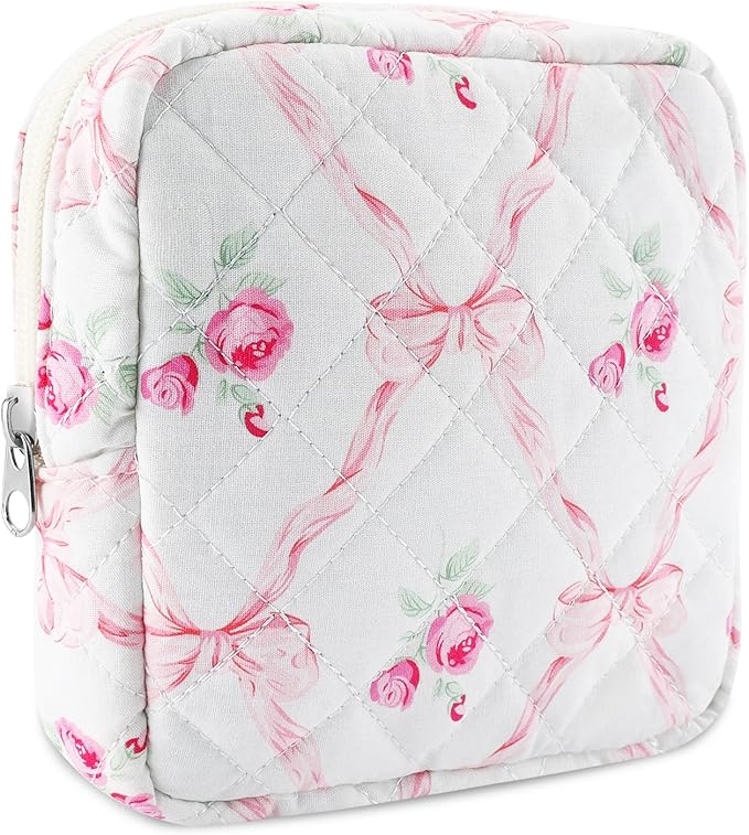 Small Quilted Cotton Makeup Bag for Purse Mini Cosmetic Period Bag for Women Cute Pink Flower Bow Makeup Sanitary Pouch Portable Travel Toiletry Bags with Zipper Christmas Birthday Gifts