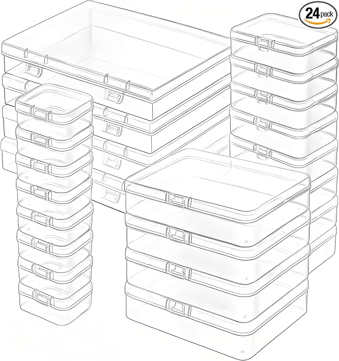 Plastic Case Bead Organizer Box 24 pcs Small Clear Plastic Storage Containers Craft Storage Box with Hinged Lid and Labels Mini Boxes for Jewelry Diamonds Small Items Craft Projects