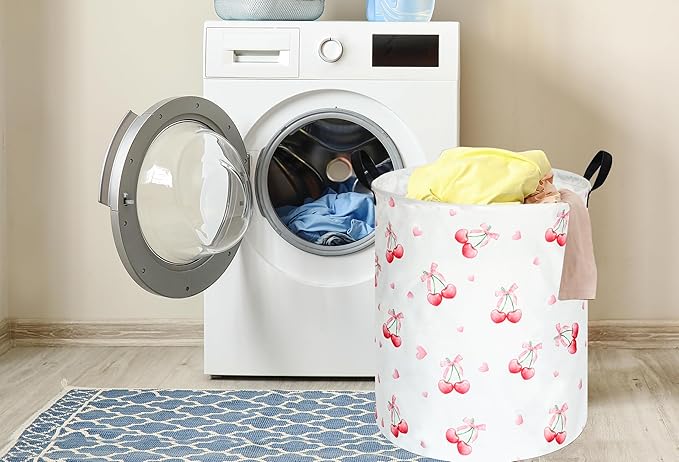Cherry Print Round Laundry Hamper Storage Basket Bins Clothes Nursery Hamper for Home, Gift Storage Bins with Handles
