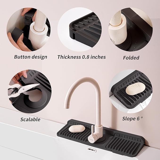 17.7" Silicone Sink Splash Guard - Multi-Functional Kitchen Sink Mat with Drip Tray, Sponge Holder & Soap Dish, 6° Slope Design for Easy Drainage, Foldable & Fasten Button for Secure Fit（Black）
