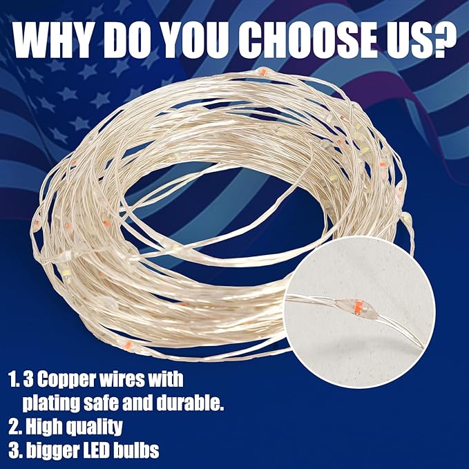 4th of July Lights Red-White-Blue Decorations - 100 LED 50 Photo Clips String Lights Holder 33FT Starry Fairy Lights Hanging Pictures Cards Memos USB Powered&Switch Bedroom Dorm Christmas Decor Tree