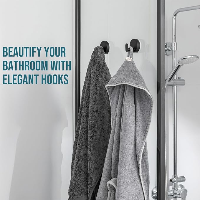 TAILI 304 Stainless Steel Bathroom Suction Hooks for Towel, Bathrobe, Loofah, No Damage Hanging Glass Shower Wall Hook, Patented Strong Suction Cup Holder, Hold Up to 11 Lbs, 2 Pack, Black
