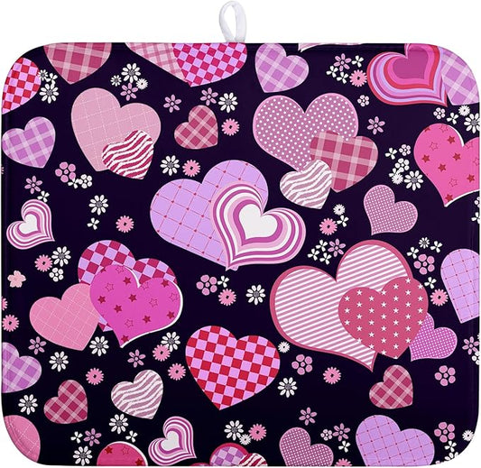 Valentine's Day Pink Love Heart Dish Drying Mat - Black Kitchen Microfiber Absorbent Drainer Rack Pad for Counter Decor - 16x18 In