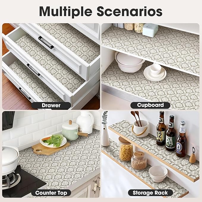 Drawer and Shelf Liner, Non-Slip Kitchen Cabinet Liners Non-Adhesive Thick Strong Grip Waterproof Washable Mats Protect Dresser Shelves Cupboard Bathroom Cabinets, Boho: Beige, 12 in X 10 FT