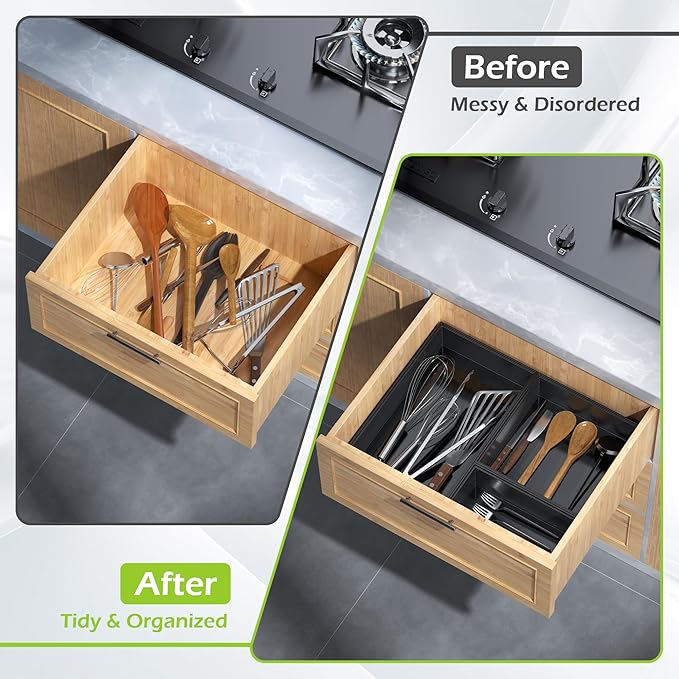 Greatseas Bamboo Drawer Organizer Set, 5 PCS Multi-use Varied Sizes Junk Drawer Organizer Kitchen Storage Box for Office, Home, Bedroom, Bathroom, Black