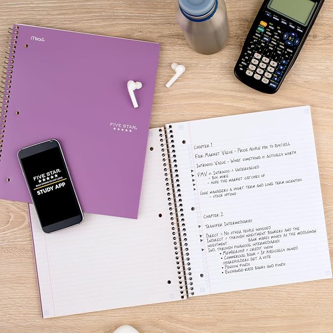 Five Star Spiral Notebook + Study App, 5 Subject, College Ruled Paper, 8-1/2" x 11", 200 Sheets, Fights Ink Bleed, Water Resistant Cover, Amethyst Purple (38748)(Pack of 3)