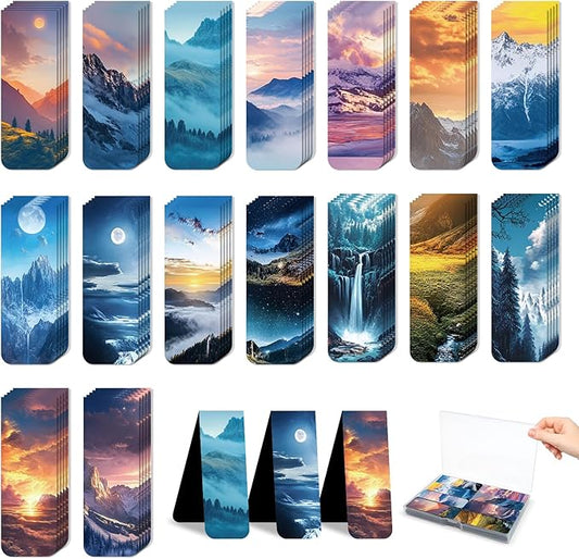 96 Pieces Magnetic Bookmarks Magnet Page Markers - Book Marks for Reading Women & Men with Storage Boxes - Cute Magnet Bookmark Clips for Reading Pleasure（Scenery）
