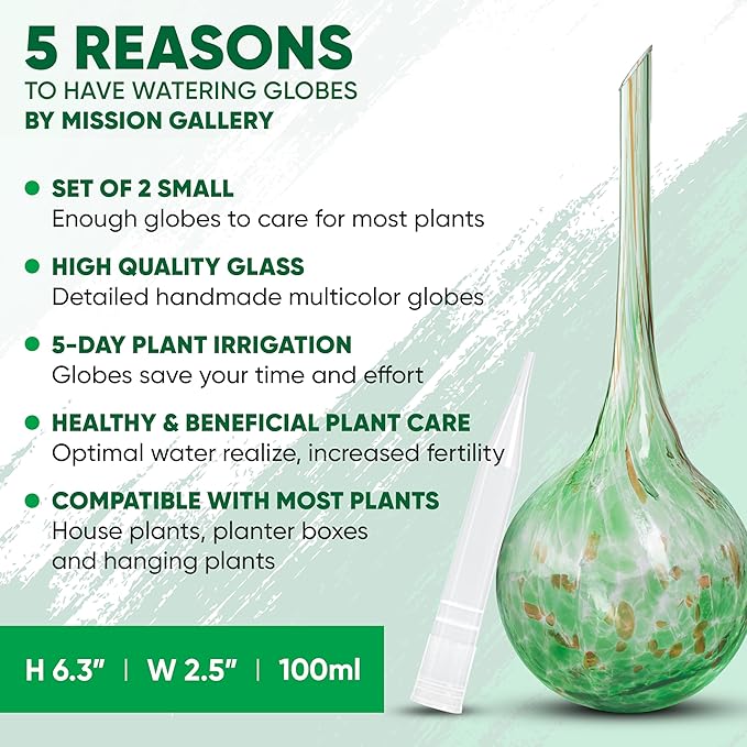 Mission Gallery Plant Watering Globes Set of 2 - Small Self Watering Globes for Indoor & Outdoor Plants - Multicolored, Automatic, Glass Watering Bulbs for Daily Use, Plant Watering Devices