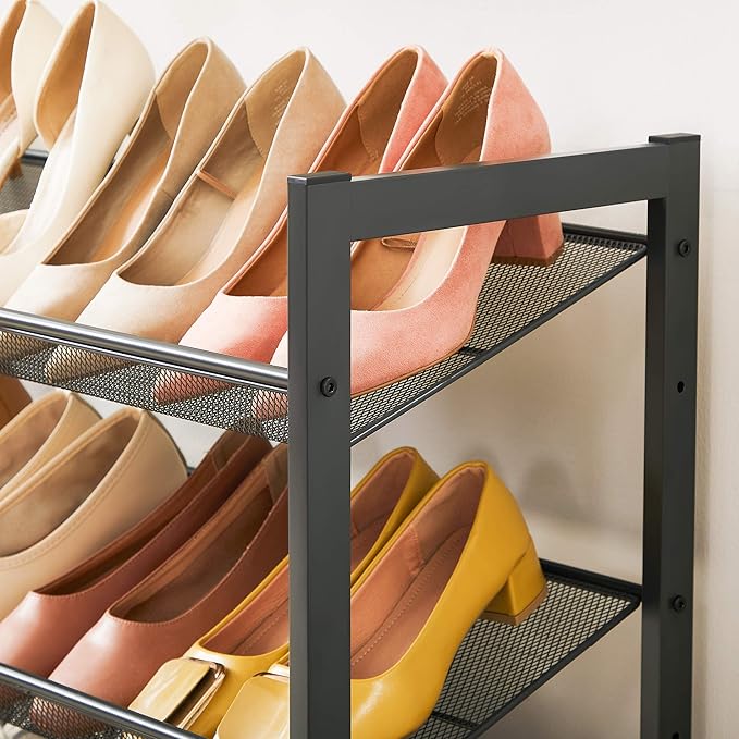 SONGMICS Shoe Rack, 3-Tier Shoe Organizer, Metal Shoe Storage for Garage, Stackable Shoe Shelf, with Adjustable Flat or Angled Shelves, 9-12 Pairs, Charcoal Grey ULMR03GB