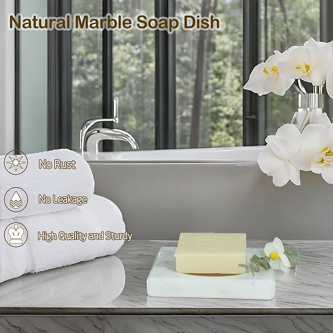 White Soap Dish Tray Marble Soap Holder Trinket Plate for Bathroom Sink Kitchen Countertop Bedroom Vanity Bathroom Accessory Rectangular