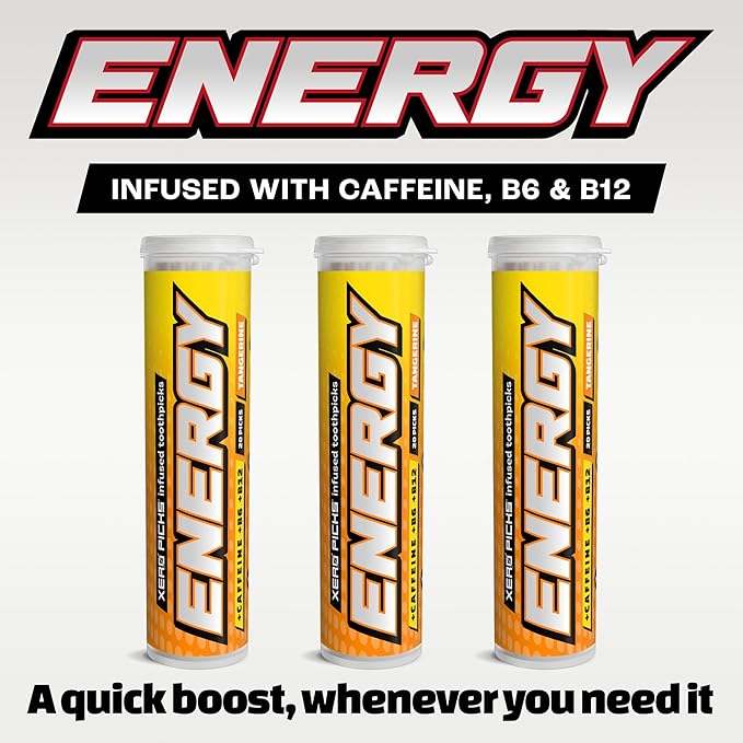 Xero Picks Energy Caffeine Flavored Toothpicks B12 for Focus & B6, 60 Picks (Pack of 3) (Tangerine) Sugar-Free Alternative to Energy Mints & Gum - Kosher
