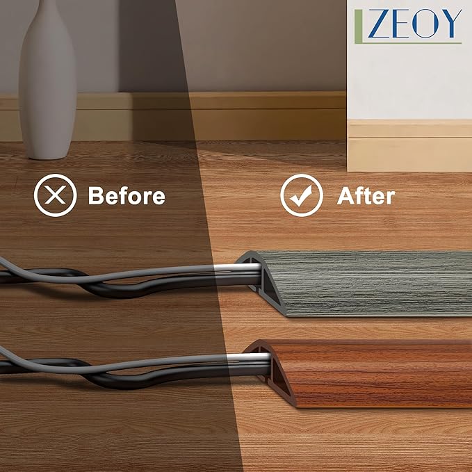 Cord Covers for Wires on Floor 6FT, LZEOY Cord Cover Floor, Wood Grey Floor Cable Management, Cable Protector Prevent Cable Trips Floor Cable Covers for Cords, Cable Cavity: 0.47" (W) x 0.24" (H)