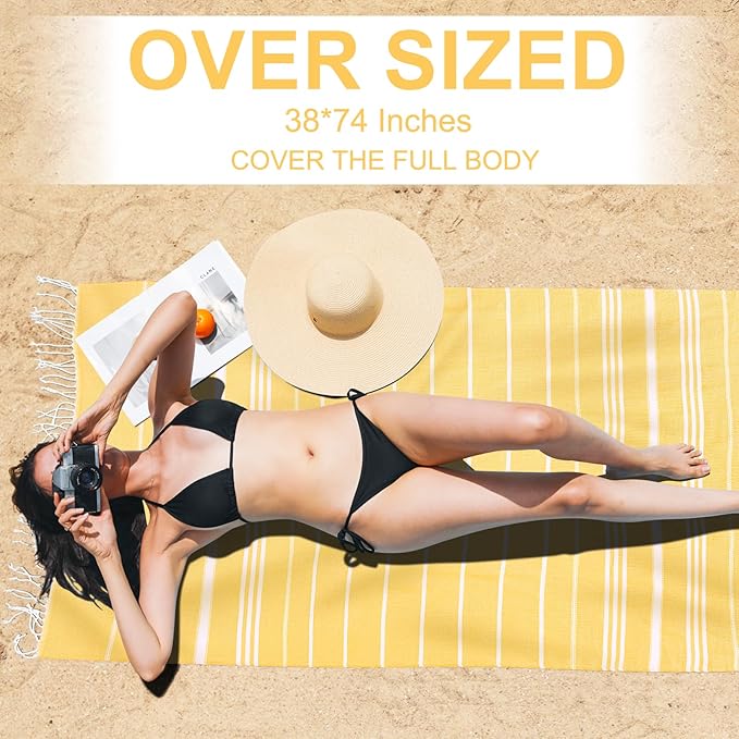 Genovega 6 Oversized Cotton Turkish Beach Bath Towel Set Bulk 74"x38" Extra Large Sand Free Quick Dry Swimming Camping Pool Clearance Towels Blanket Essentials Adult Multi YellowStripes