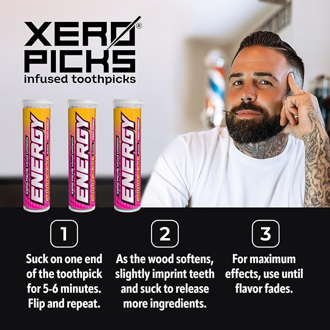 Xero Picks Energy Caffeine Flavored Toothpicks B12 for Focus & B6, 60 Picks (Pack of 3) (Fruit Punch) Sugar-Free Alternative to Energy Mints & Gum - Kosher