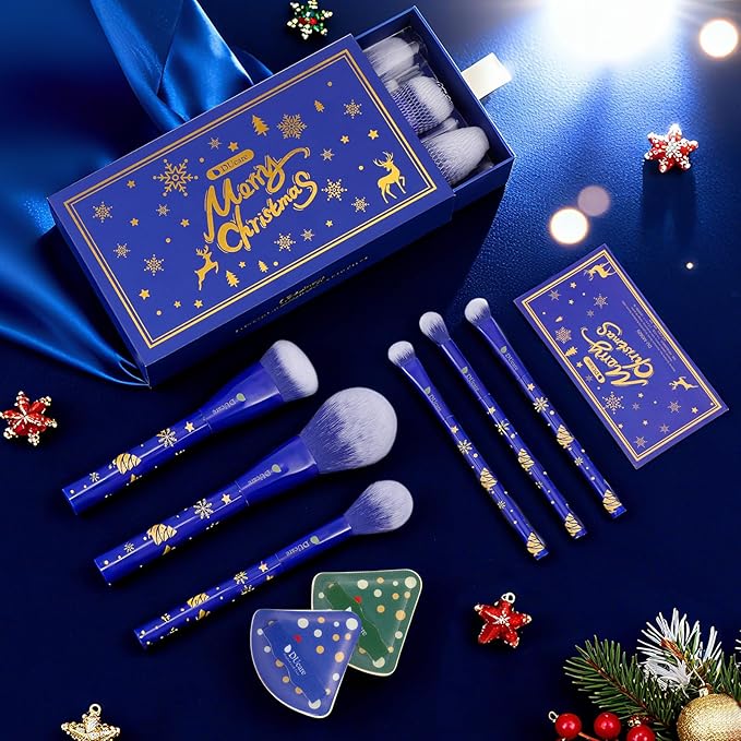 DUcare Christmas Gift Set 8Pcs,With 6pcs Makeup Brush Set 2pcs Makeup Puffs Kabuki Foundation Blending Face Powder Blush Concealers Eye Shadows Brushes