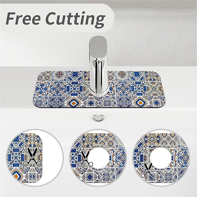 Kitchen Sink Splash Guard，Traditional Moroccan tiles Faucet Mat Sink Gadgets-Super Absorbent Fast Drying Mat Drip Catcher for Kitchen, Bathroom,Sink Mat, Dish Drying Mat, Bathroom(15" X 5.5" )