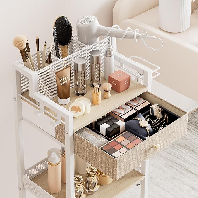 3-Tier Bathroom Shelf with Drawer, 12.8in Large Floor Makeup Organizer, Cosmetics Display Case Holder for Hair Tools, Skincare, Kitchen, Bathroom, Laundry Room Organization