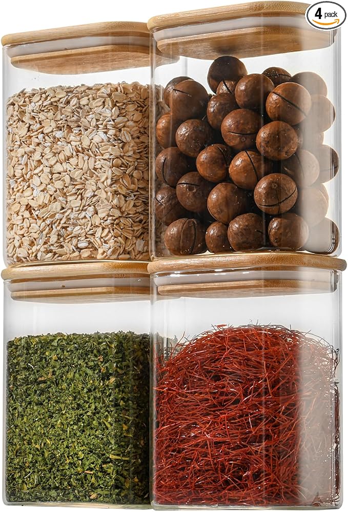 37oz Rectangle Airtight Glass Storage Containers with Bamboo Lids (Set of 4), Square Food Storage Jar, Pantry Organizers for Cereal, Nuts, Snacks and Coffee beans (with Black Label)