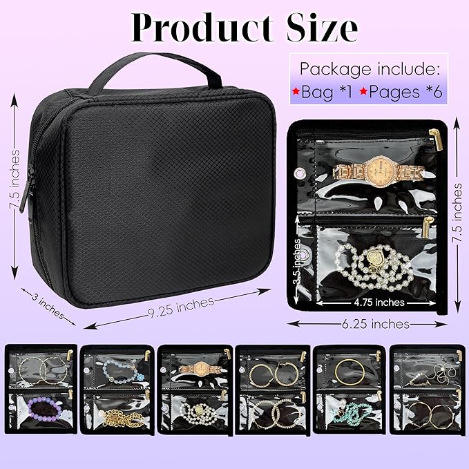 Travel Jewelry Organizer Case, Jewelry Bags for Traveling, Jewelry Binder with 24 Pcs Clear Zipper Velvet Pouches for Storing Earrings, Rings, Necklace, Bracelet, Watch (Black)