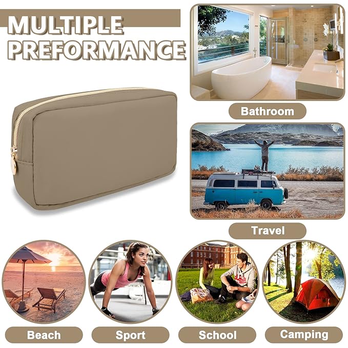 Small Makeup Bag Pouch for Purse, Nylon Travel Toiletry Storage Bag Cute Preppy Cosmetic Bag for Women Girls, Waterproof Makeup Organizer Bag Pouch Skincare Bag Purse with Zipper (Small-Khaki)