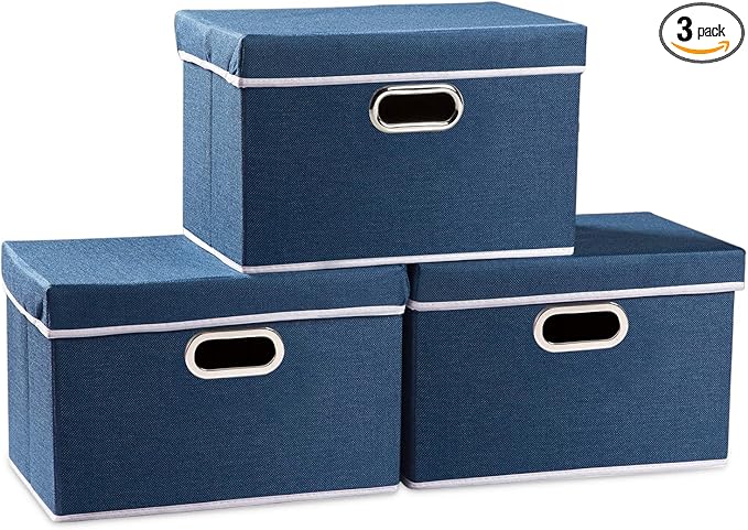 PRANDOM Collapsible Storage Bin with Lid [3-Pack] Fabric Foldable Storage Box Organizer Container Basket Cube with Cover for Home Bedroom Closet Office Nursery Royal Blue (14.9x9.8x9.8)