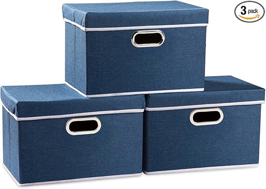 PRANDOM Collapsible Storage Bin with Lid [3-Pack] Fabric Foldable Storage Box Organizer Container Basket Cube with Cover for Home Bedroom Closet Office Nursery Royal Blue (14.9x9.8x9.8)