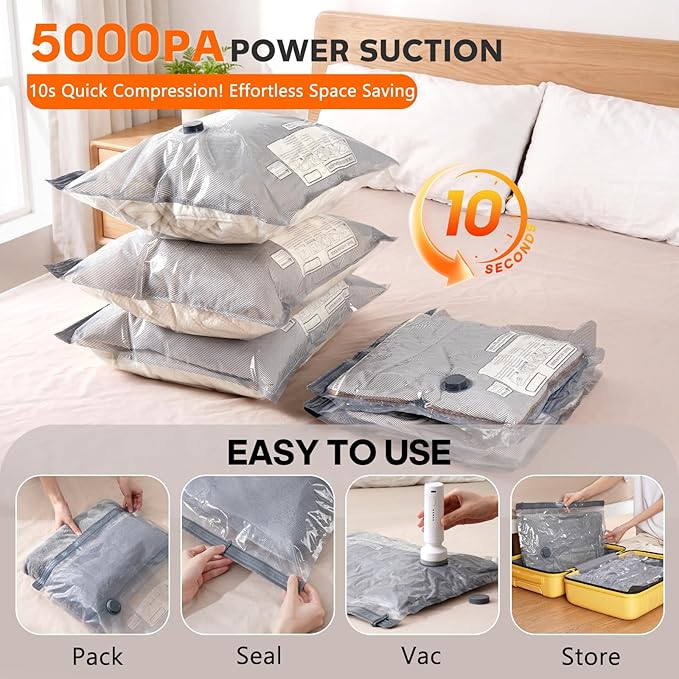 9 Pack Vacuum Storage Bags with Pump, Space Saver Travel Bags with Rechargeable Wireless Pump, Reusable Tear-Proof Compression Packing Cubes for Heavy Clothes/Bedding/Luggage/Moving 9 Combo Size