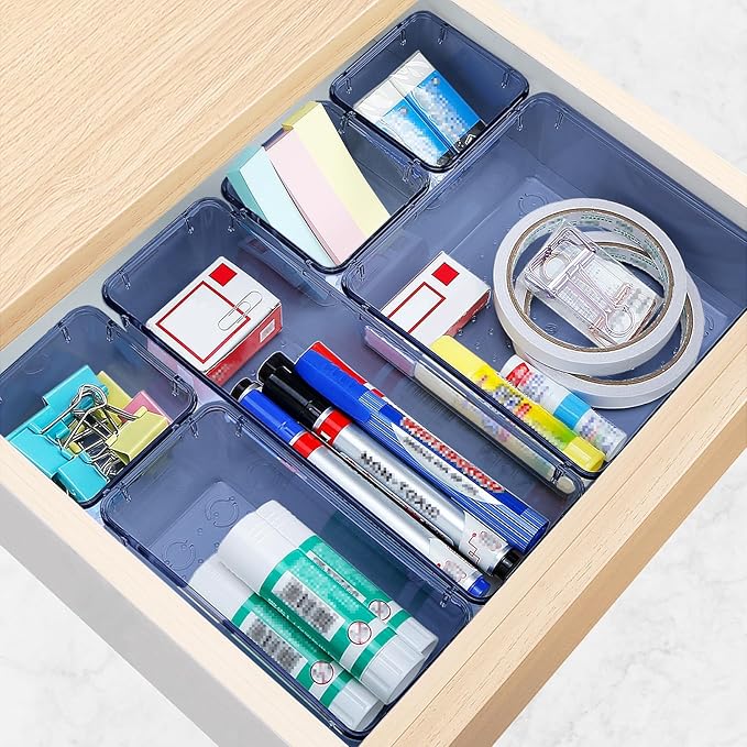 10 PCS Drawer Organizer Set, 5 Varied Size Bathroom and kitchen Drawer cabinet organizer Trays, Clear Storage Bins for Makeup, Jewelry, Utensils and Gadgets, Dark Blue
