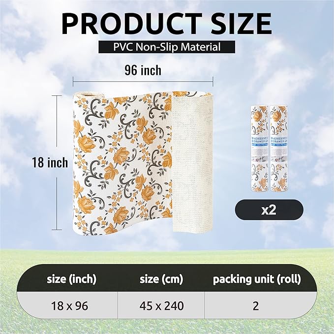 FIFTY FEET 18X96 Inch Shelf Liner for Kitchen Cabinets, PVC Drawer Liner for Dresser Non-Slip Bathroom, Non-Adhesive Cabinet Liner Washable (Yellow Floral)(2 Roll)