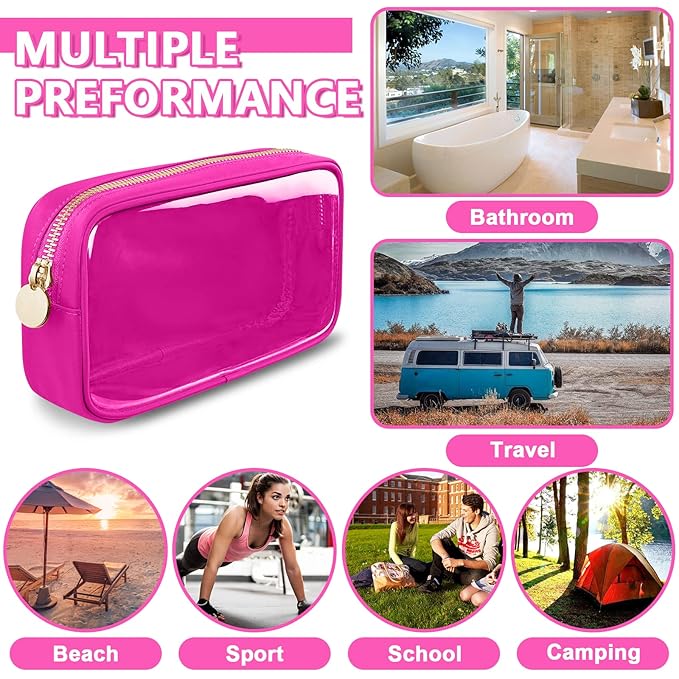Clear Small Makeup Bag with Zipper, Nylon&PVC Cosmetic Travel Bag Preppy TSA Approved Toiletry Bag for Women Girls, Transparent Waterproof Makeup Pouches Cute Travel Bag for Purse (Small-Hot Pink)