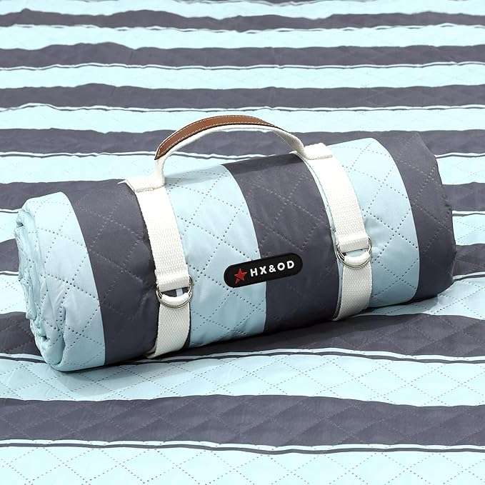 HX&OD Extra Large Picnic Outdoor Blanket, 80”x60” Waterproof Picnic Mat Foldable Camping Blanket Portable with Carry Strap for Beach Mat Outdoor Camping Party (Grey&Green)