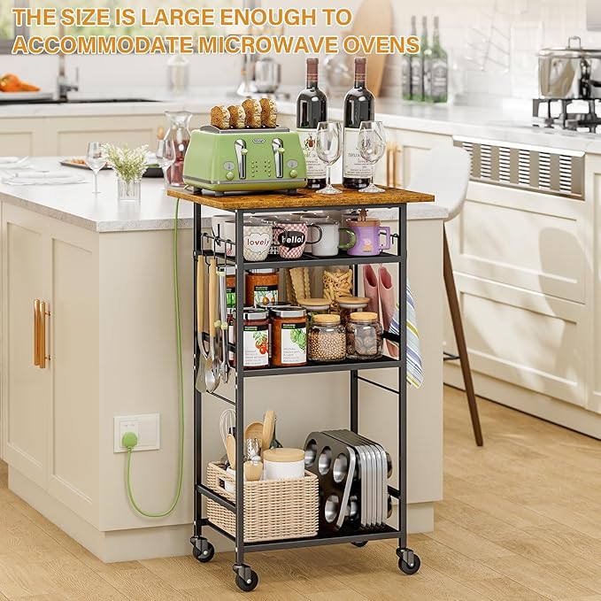 ThreeHio Rolling Kitchen Microwave Cart, 4 Tier Microwave Table Stand with Storage, Kitchen Storage Rack on Wheels, Coffee Station Cart Rack Shelf Organizer for Living Room Office, Balcony