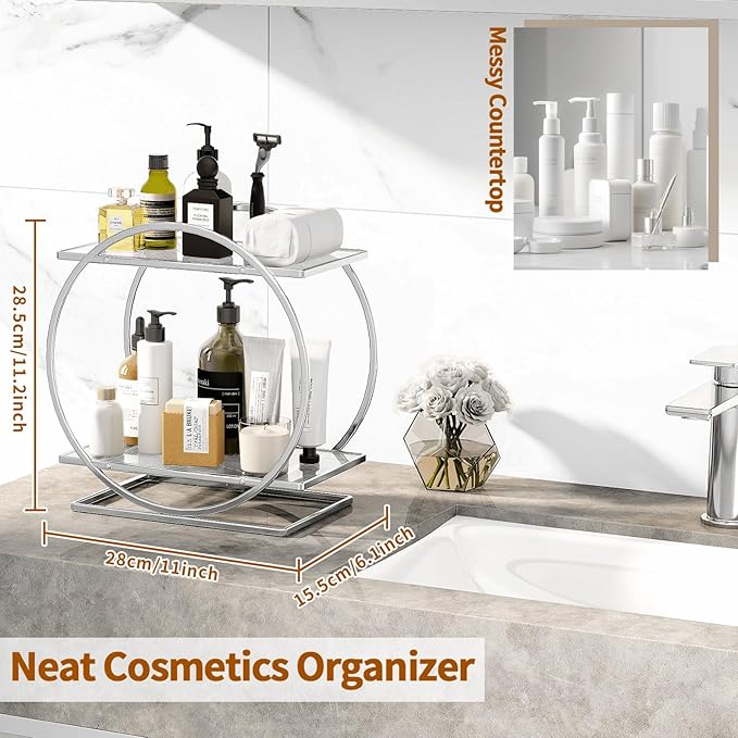 Perfume Organizer for Bedroom Dresser - Silver Makeup Organizers for Vanity, 2 Tier Bathroom Countertop Organizer Perfume Tray Skincare Storage Cosmetic Display Rack, Makeup Counter Shelf