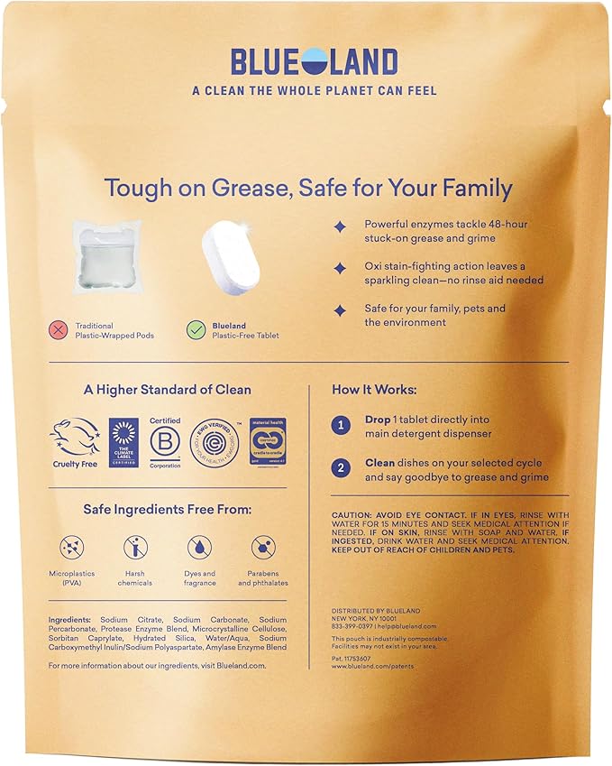 BLUELAND 100% Plastic-Free Dishwasher Detergent Tablets, Starter Set, 60 Count with tin, Free & Clear, Eco-Friendly Dishwashing Pods, Natural, USDA Certified biobased