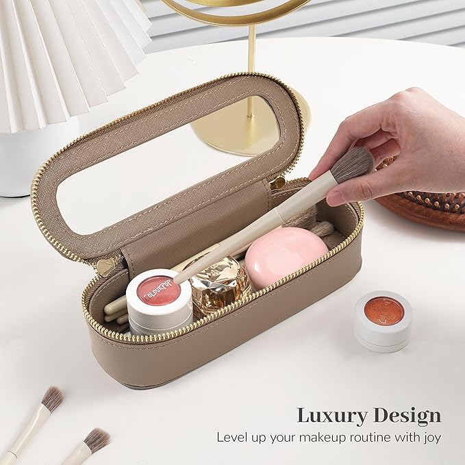 Aveniee Slim Clear Makeup Brush Bag, Small Cosmetic Brush Holder, Mini Toiletry Bag Travel Case for Women, Thin Make up Bags with Dual Zipper, Cute Travel Essentials Bag Organize - Taupe