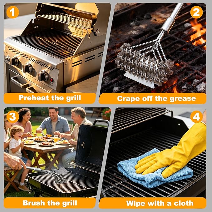 Grill Brush with Scraper - Stainless BBQ Grill Cleaning Brush for Gas/Charcoal Grill, Detachable Handle Grill Brush for Outdoor Grill, Camping & Backyard, Grill Accessories for BBQ Enthusiast