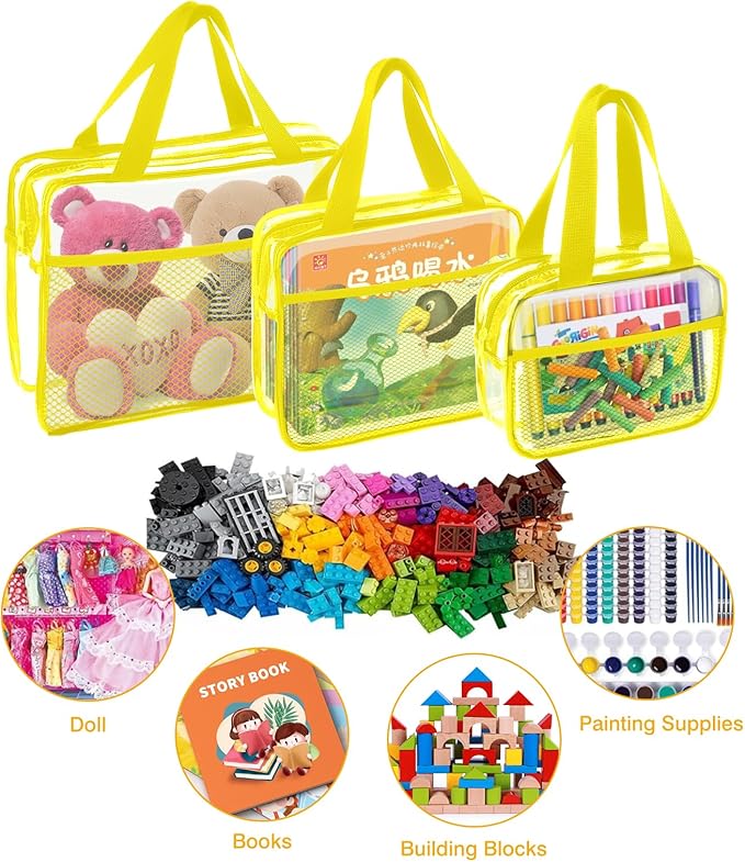 XEWEA Clear Travel Toiletry Bags, 3 Pack TSA Approved Transparent Makeup Bag for Men Women,Large Waterproof PVC Quart Organizer Kit with Zipper for Toiletries Airline Essential,Toy Pouch Yellow