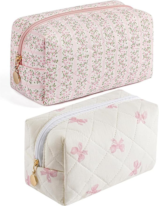 HHQQWZ Makeup Bag Travel Cosmetic Bag for Women Girls, Zipper Make Up Pouch, Floral Flowers Toiletry Organizer Makeup, Portable Storage Cosmetic Travel Cloth Bag (Pink+Pink Bow Tie)